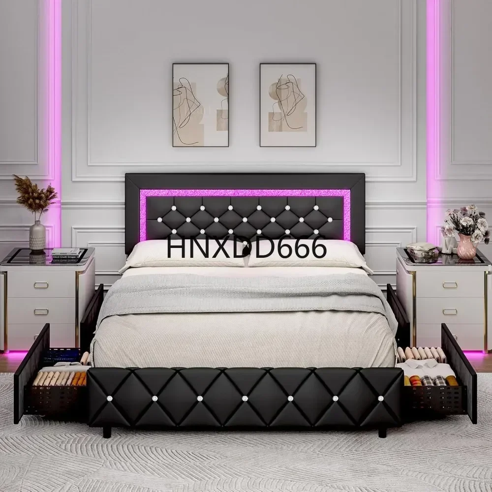 Full Size Bed Frame w LED Lights, Upholstered Bed Frame with 4 Storage Drawers,Platform Bed with Diamond Headboard and Footboard