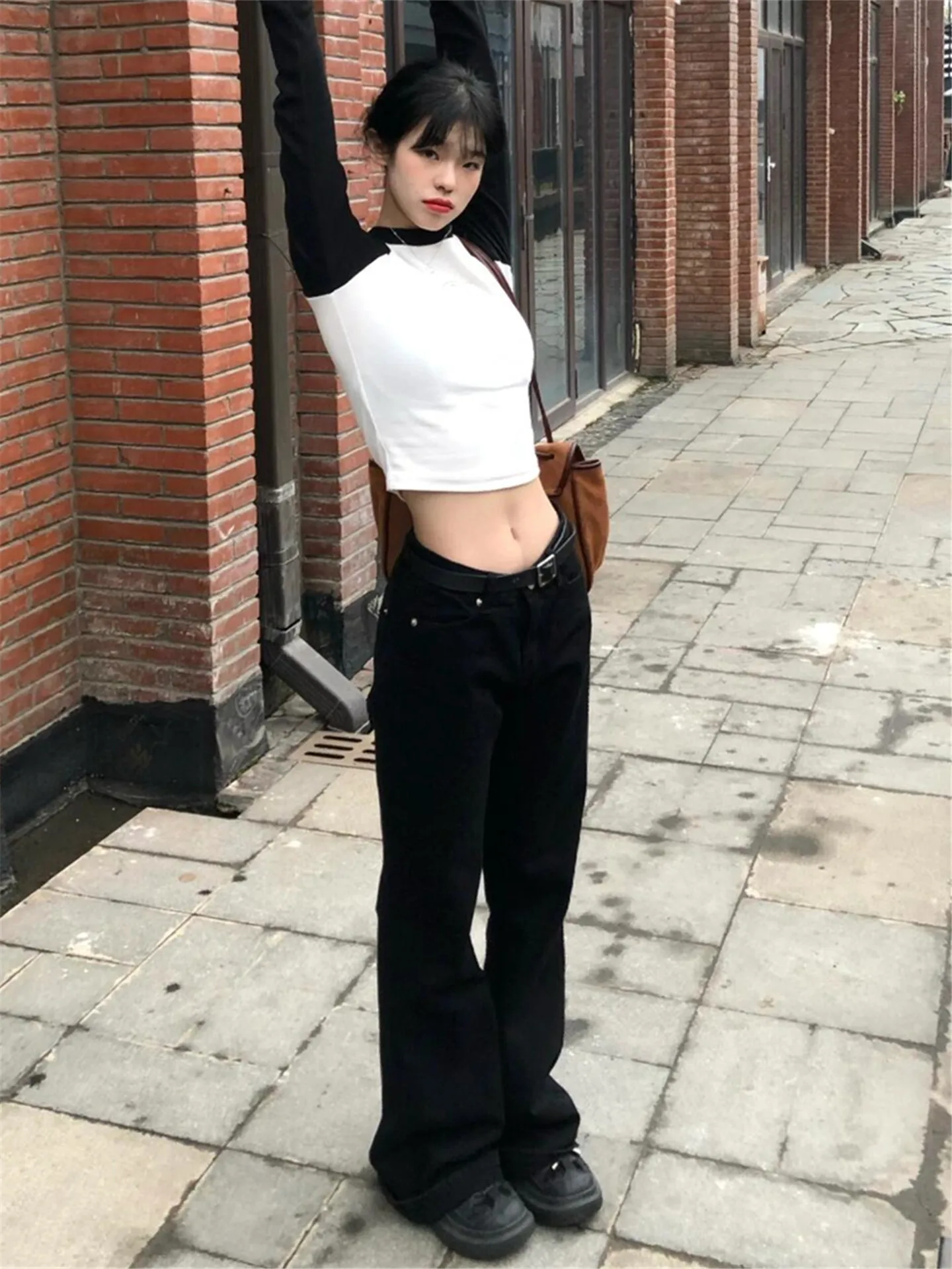 

American Street Style Low Waist Black Wide Leg Jeans Women's Loose Drapey Tall Extended Slim Straight Floor-Length Pants