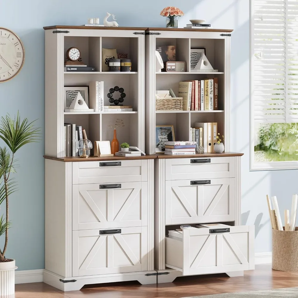 

70" Tall Bookshelf, 3-Tier Floor Standing Bookcase with Drawers, Rustic White Farmhouse Book Shelf Wooden Display, Customized