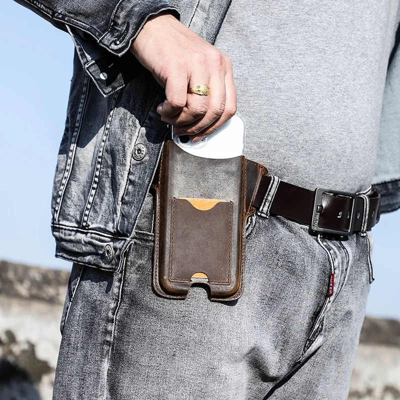 

Crazy Horse Genuine Cowhide Leather Belt Phone Holster with Card Slot Retro Belt Mounted Waist Pouch 6.7 inch Smartphones Bag
