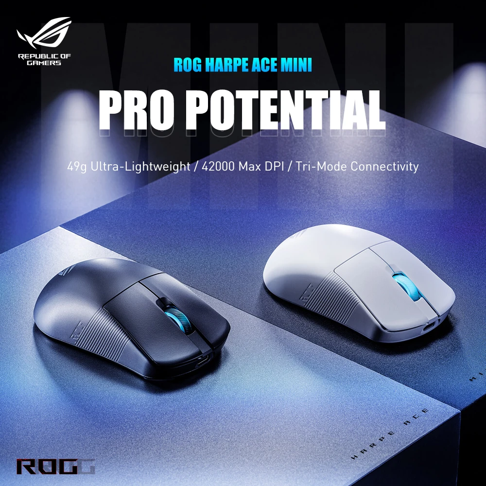Беспроводная игровая мышь ASUS ROG Harpe Ace Mini, 49 г, ультралегкая, три режима подключения, сенсор ROG AimPoint Pro 36000 DPI, для киберспорта и FPS, черная
