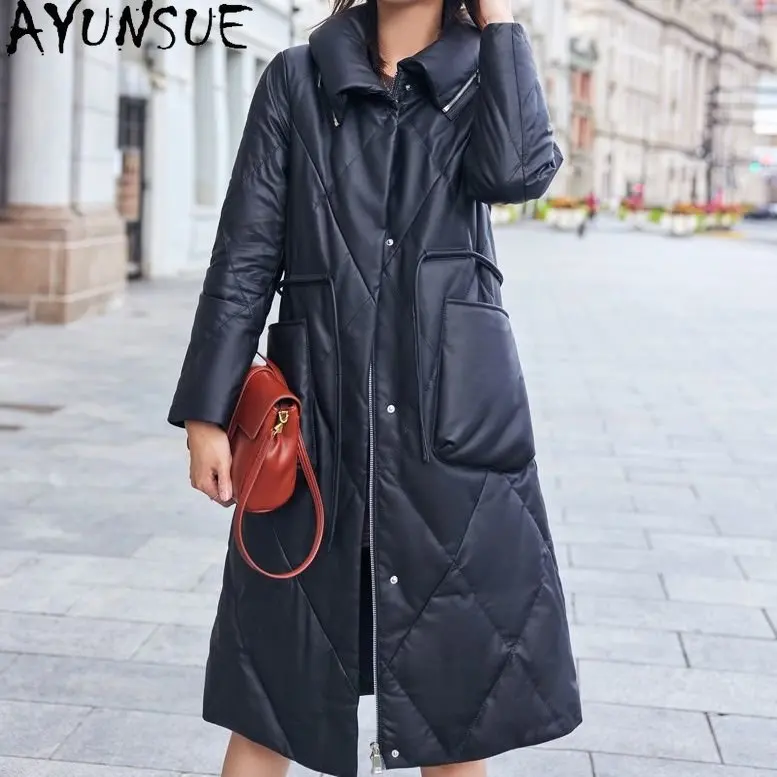 Ayunsue 2023 Winter echte Schaffell Mantel 90% weiße Enten Daunen jacke Frauen mittellange warme Lederjacken lange Daunen mäntel Outwear