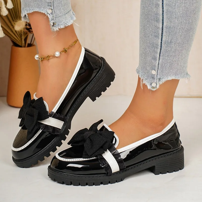 Women's Patent Leather Loafers Bowknot Round Toe Platform Casual Shoes for Women Thick Middle Heels Autumn Ladies Pumps