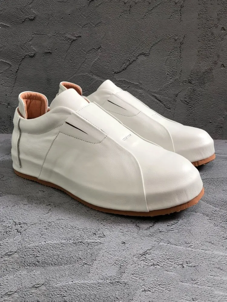 Handmade Mens Genuine Leather Shoes Spring Summer Breathable Slip-On Casual Sneakers Round Toe White Fashion Designer Loafers