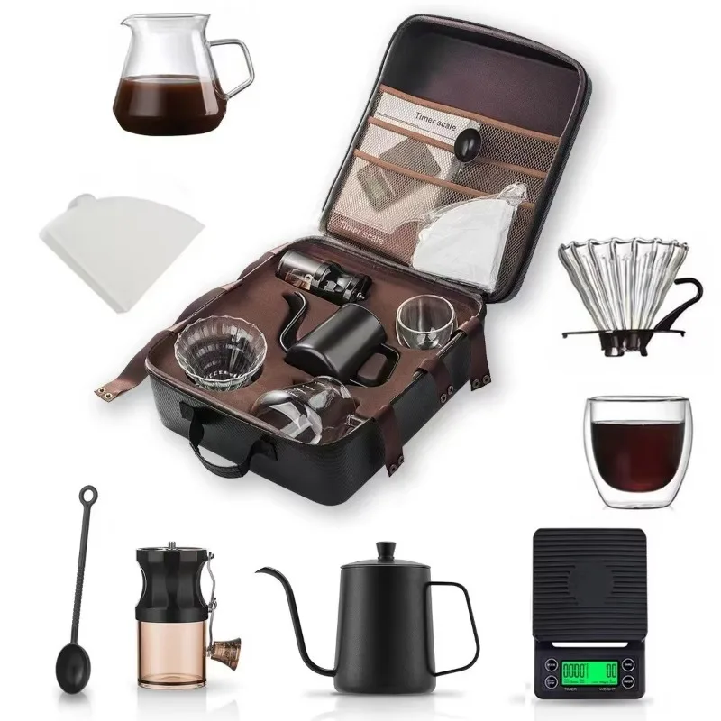 

High Quality HQ Eco-Friendly Travel Home Hand Brew Coffee Set Glass Drip Pot Grinder Filter Paper Simple Modern Coffee Gift Box