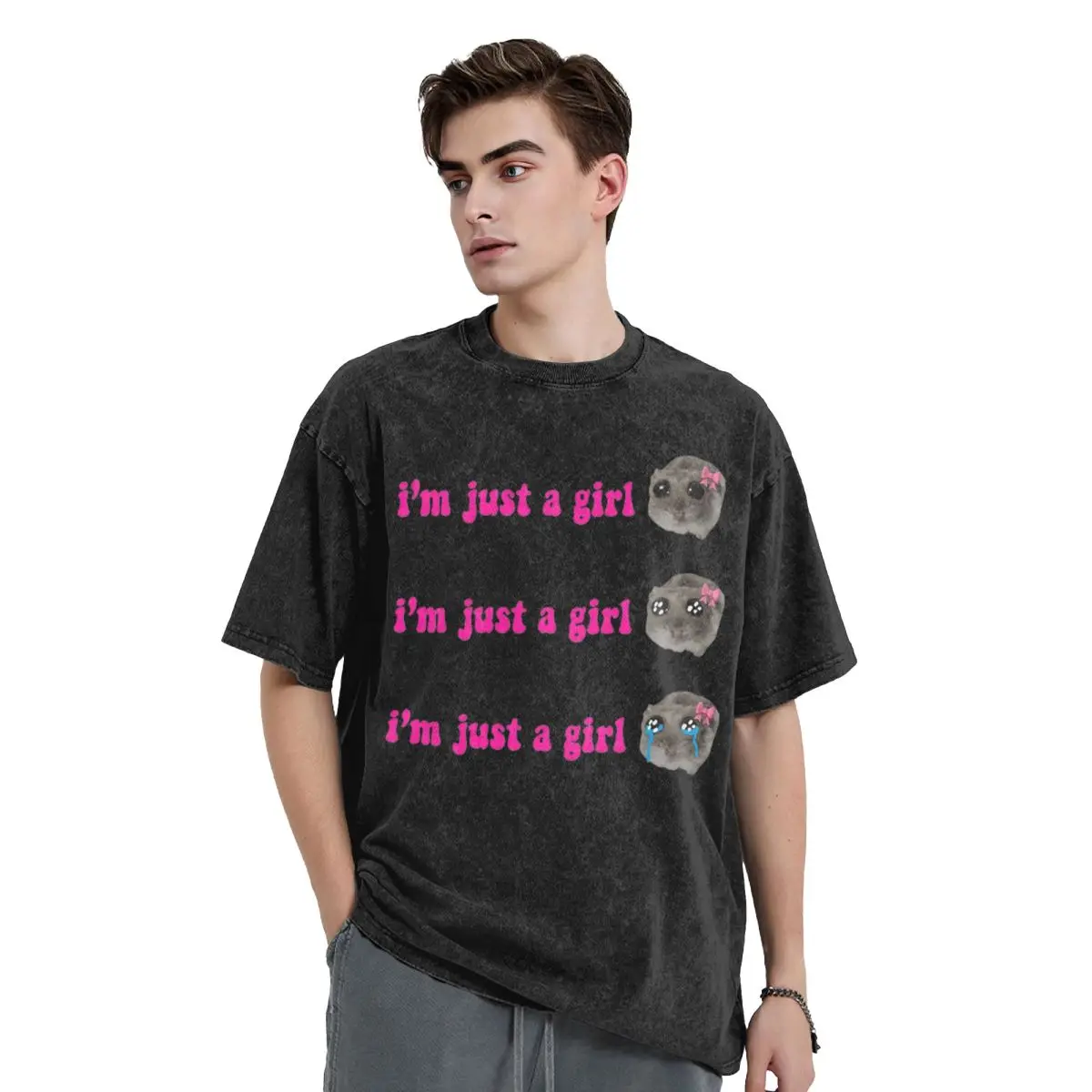 Sad Hamster Meme Washed T Shirts Casual Short Sleeve Hip Hop T-Shirt Streetwear Tops Tees for Men Women