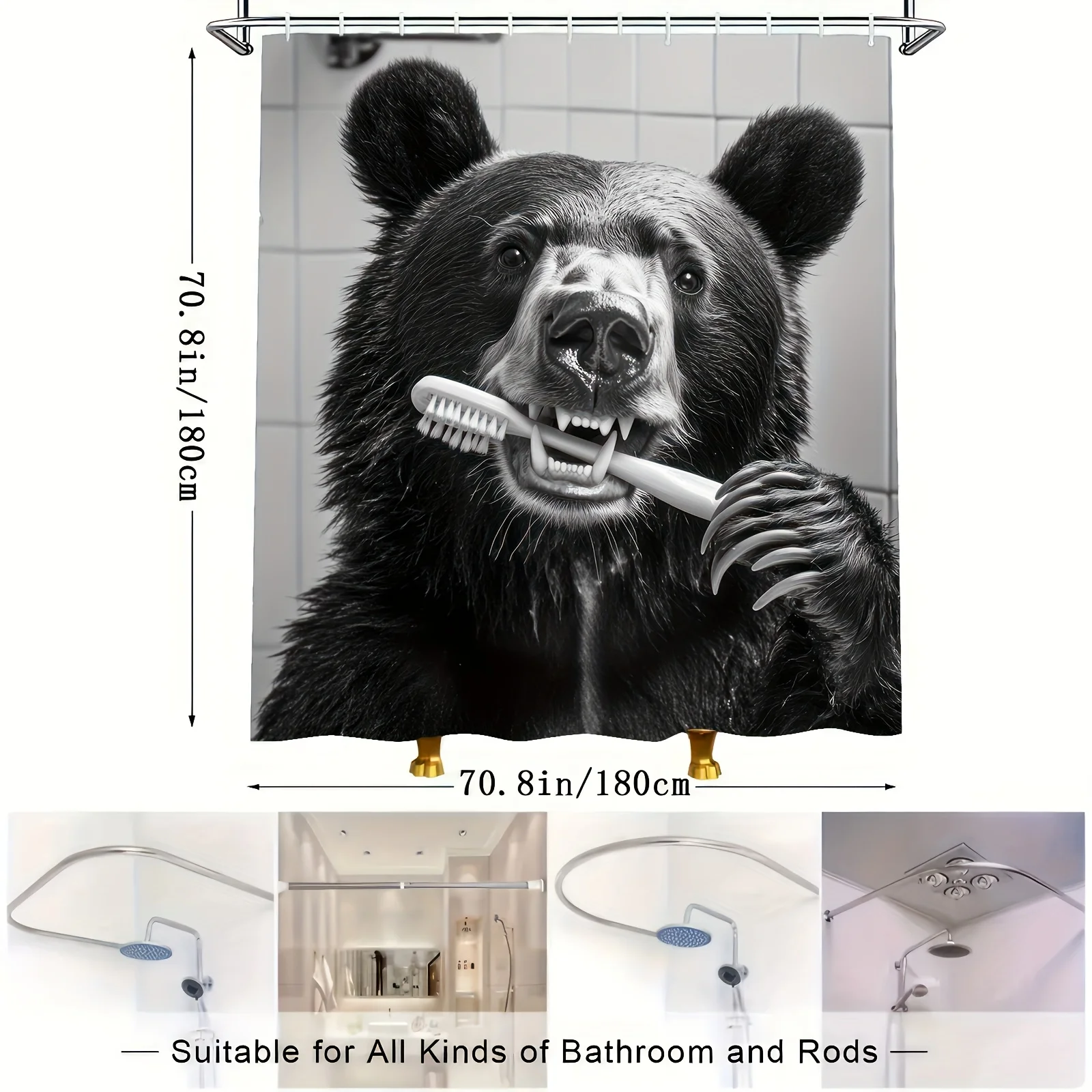 

1pc Funny Black Bear Brushing Teeth Shower Curtain, Digital Print, Includes Hooks, Machine Washable, Four Seasons Polyester