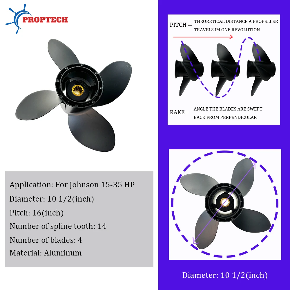 4-Blade Propeller For Johnson Evinrude Outboard Motors 15-35hp 176426 10 1/2*16 Aluminum Alloy Boat Engine Part 14 Spline