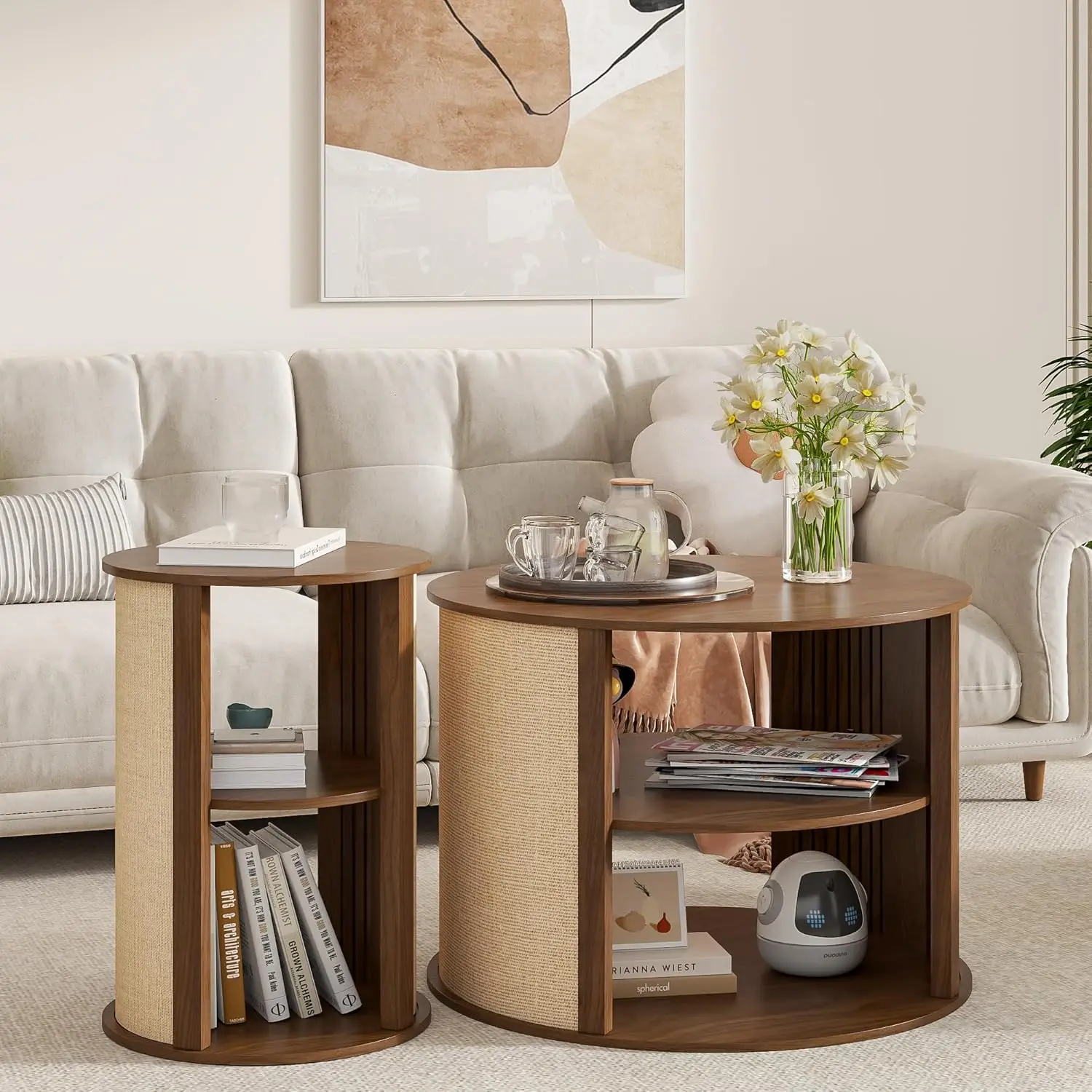 طاولة قهوة مستديرة مع مساحة تخزين، طاولة قهوة خشبية حديثة من طبقتين من بوهو لمنتصف القرن مع رف قابل للتعديل، قماش كيس