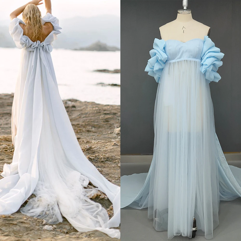 Impero vita con spalle scoperte abito premaman da sposa in Chiffon Pick-up trasparente alto spaccato lungo semplice fotografia abiti da sposa