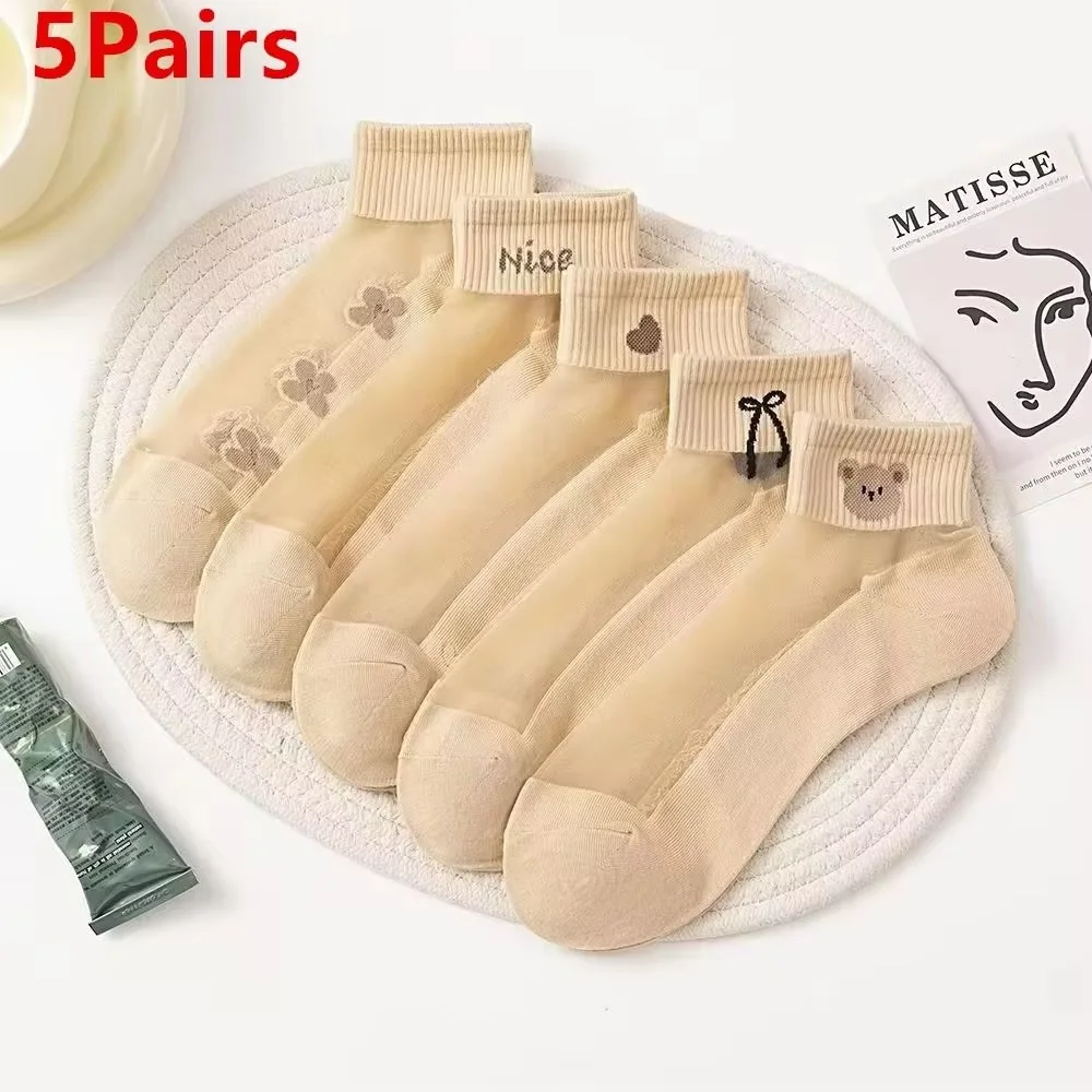 5 Pairs Mixed Women's Cotton Bottom Transparent Card Silk Bow Invisible Summer Thin anti Slip Flesh Color Low Top Boat Socks