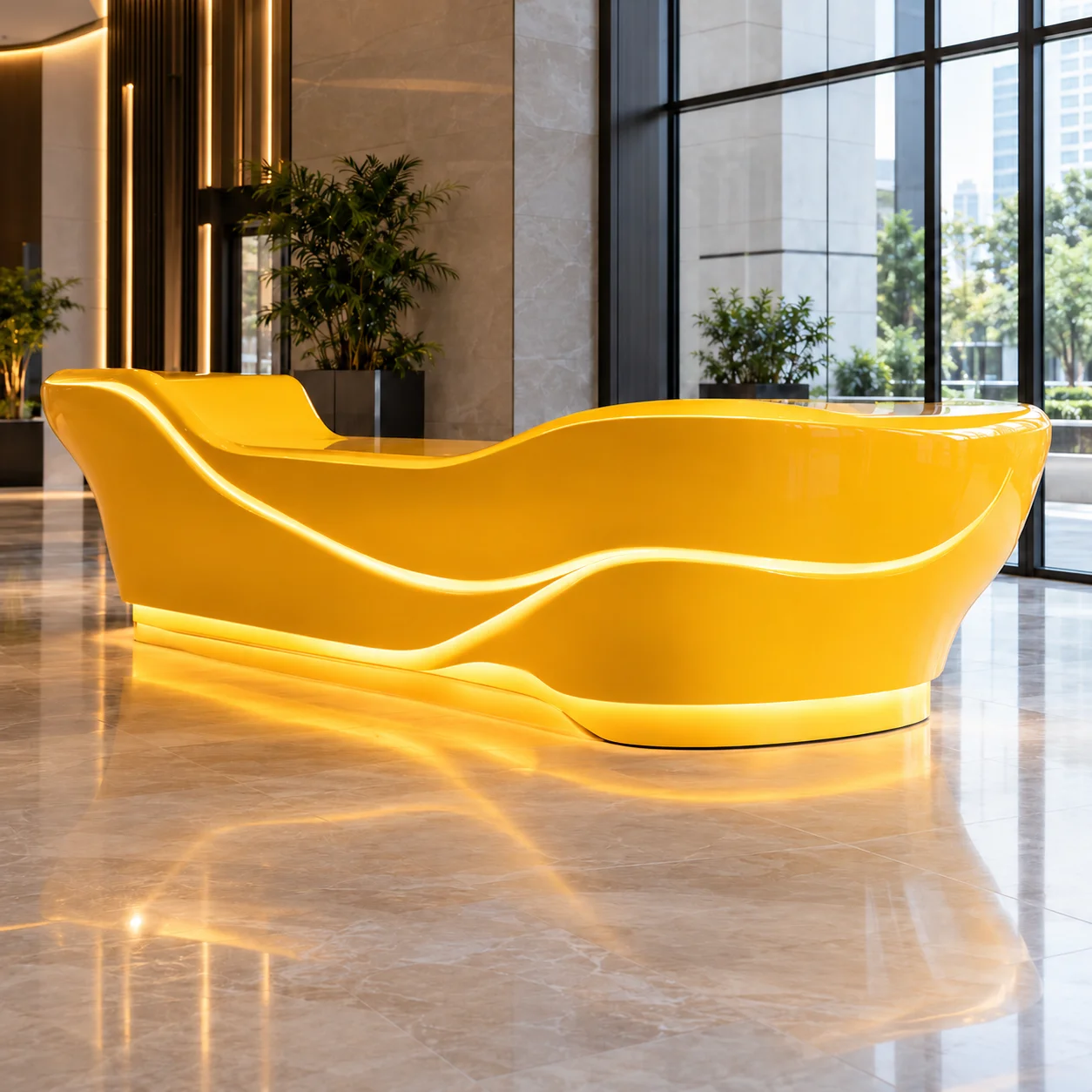Custom FRP Reception Counter With Sculptural Curved Front And Integrated Work Zone For Hotels Malls Showrooms And Sales Offices