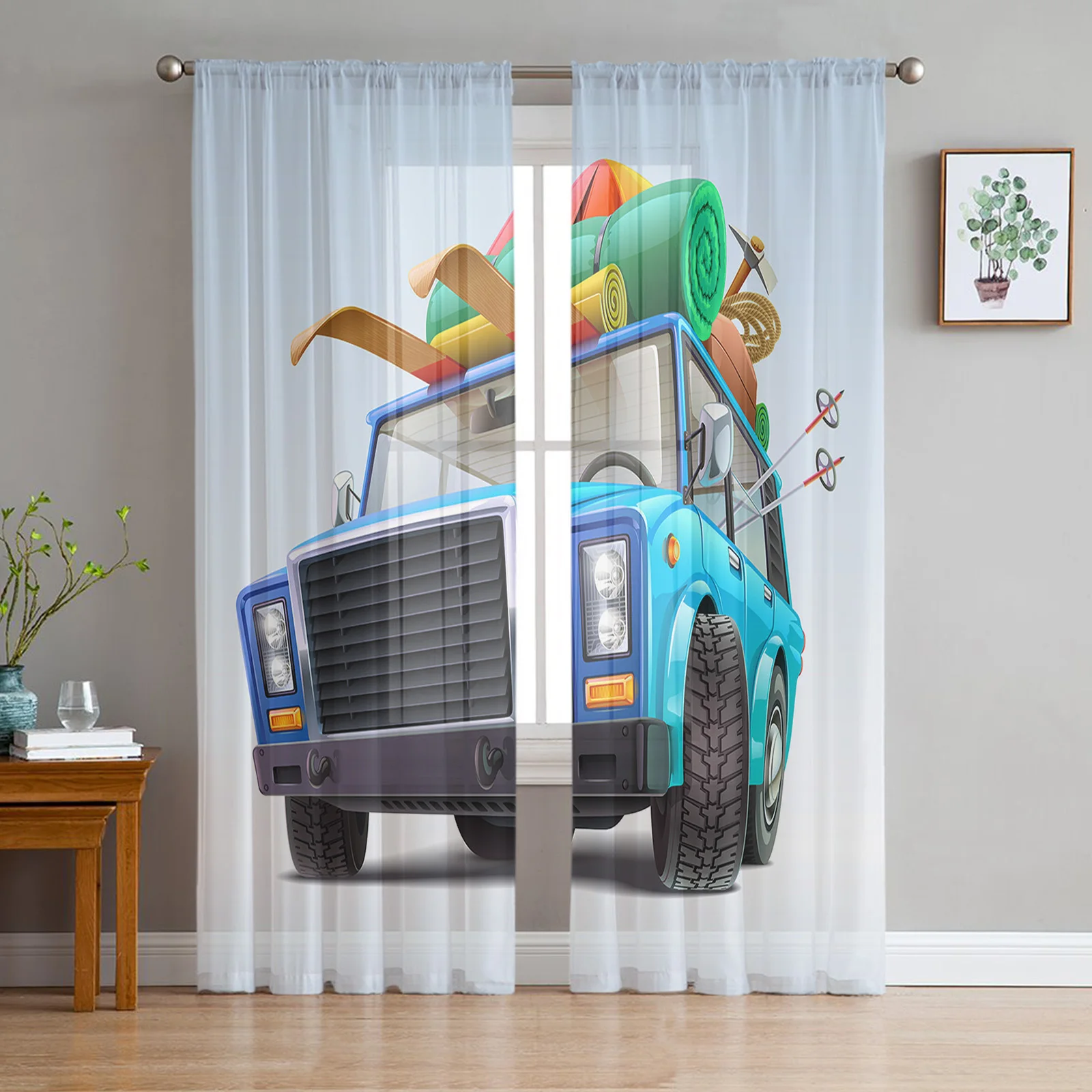 Travel Truck Beach Surfing Camping Chiffon Sheer Curtains for Living Room Home Decoration Window Voile Tulle Curtain Drapes