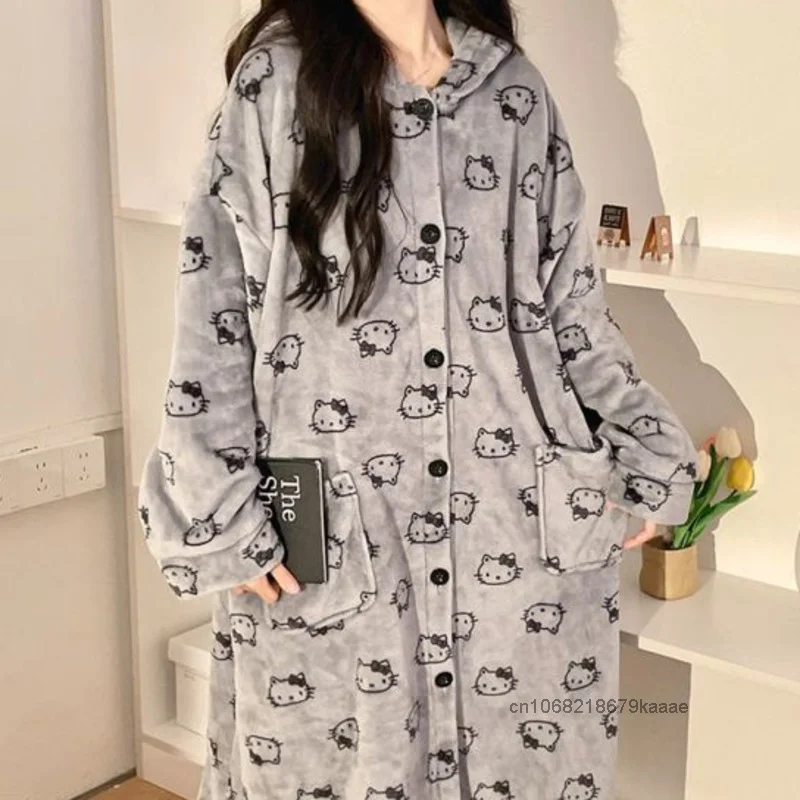 Hello Kitty Women Autumn Winter Hooded Nightgown Flannel Thick Warm Loose Cartoon Pajamas Japanese Style Cute Printed Nightrobe