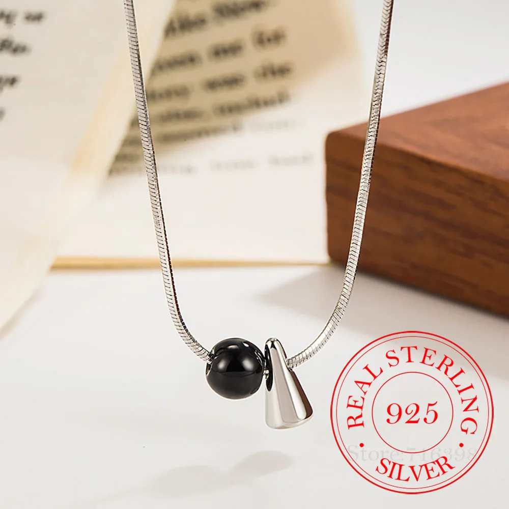 925 Sterling Silver Black Onyx Conical Charm Pendant Necklaces For Women Silver 925 Female Chokers Jewelry Collares Para Mujer