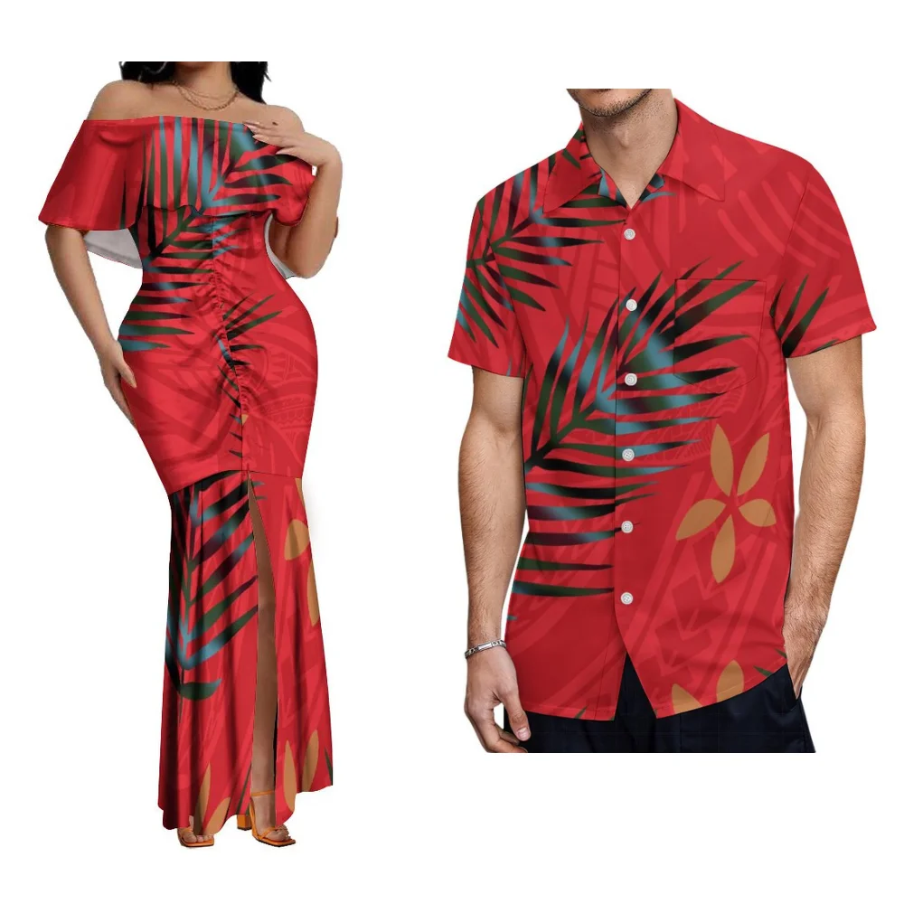 

Polynesian Floral Custom Pacific Islands New Women'S One-Line Shoulder Ruffled Cuff Slit Design Dress Men'S Shirt Couple Set