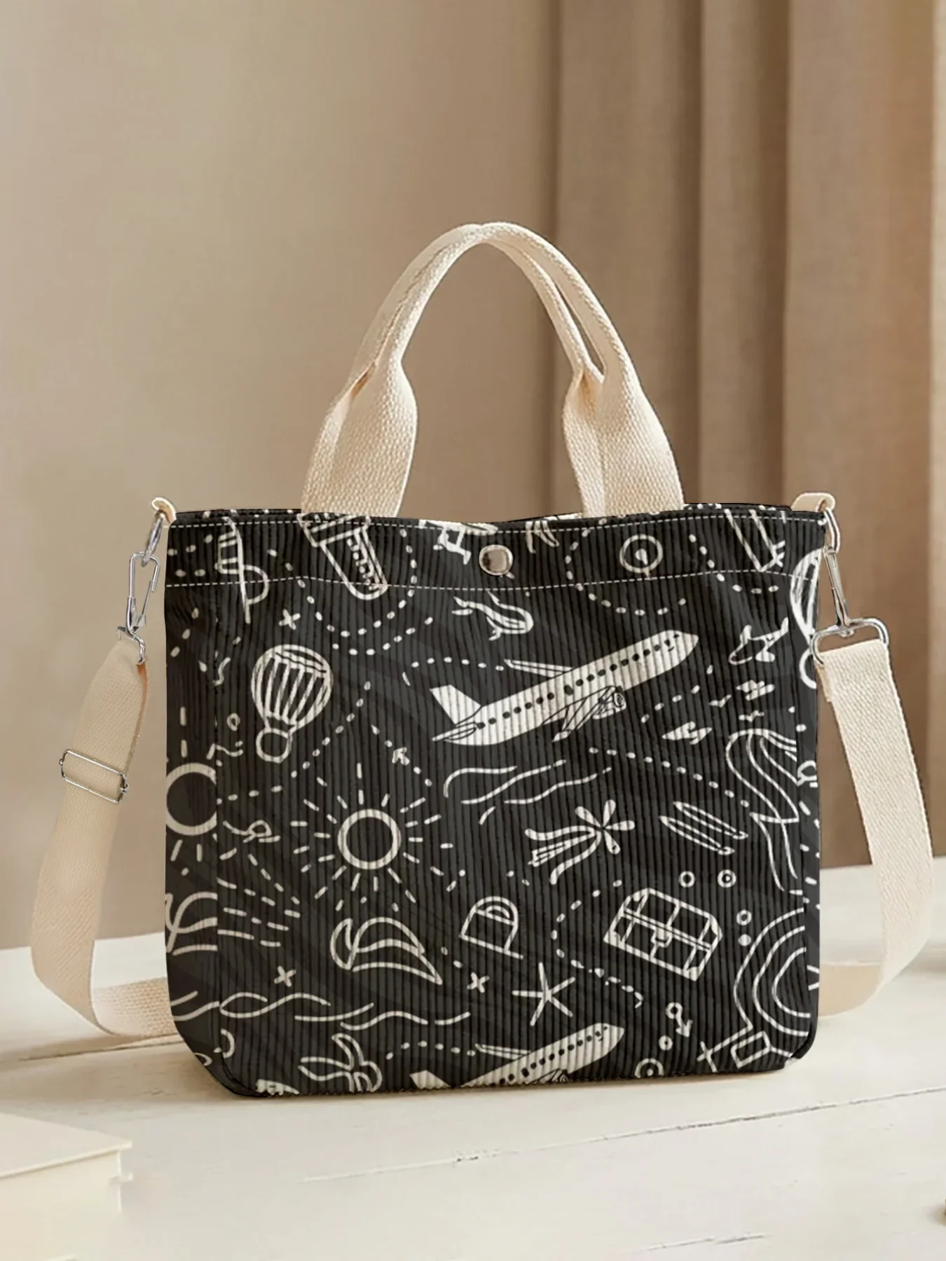 Travel Element Print Crossbody Tote Bag, Adjustable Strap, Large Capacity For Shopping Travel Daily Use