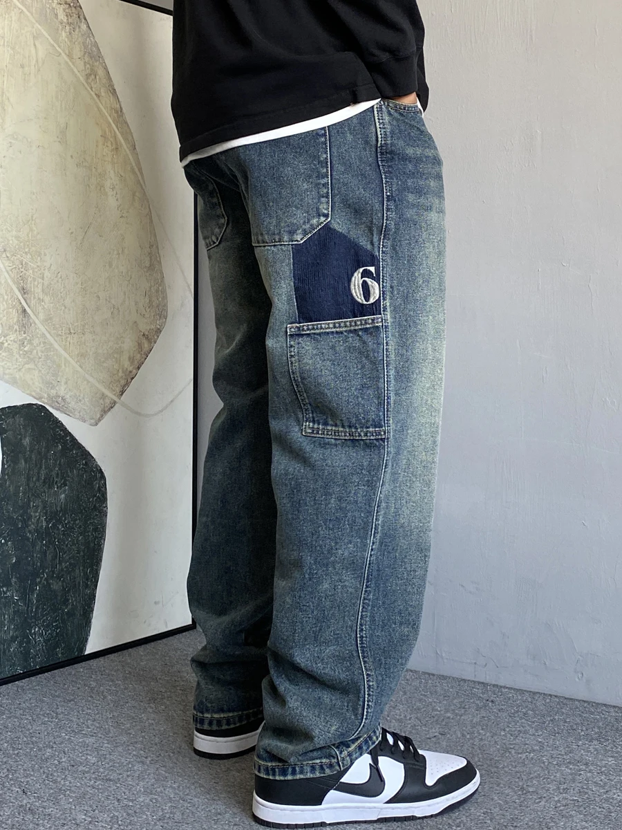 

Американские повседневные мужские джинсы в стиле ретро, прямые брюки, свободная рабочая одежда, джинсовые брюки, износостойкие зимние брюки с вышивкой