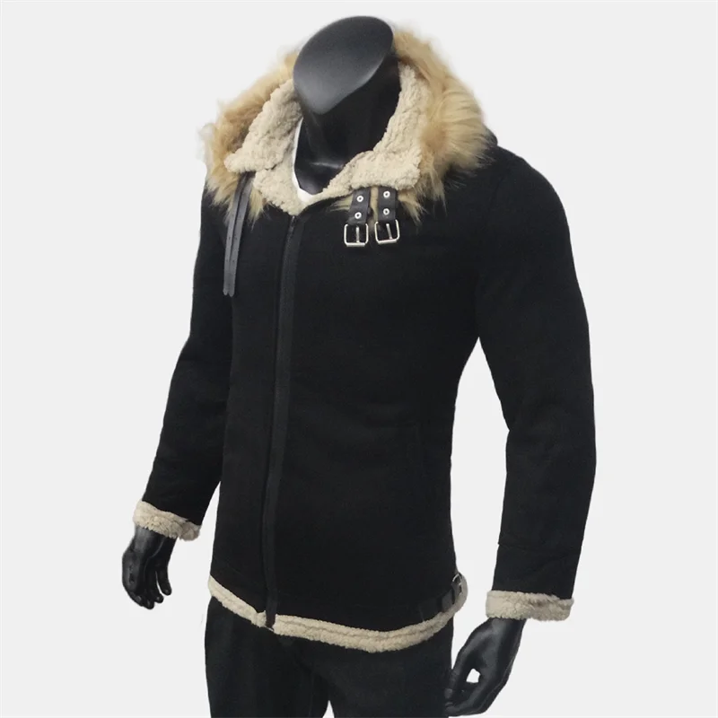 Men\'s Zipper Hooded Coat Winter Coldproof Thickened Fleece Jacket Belt Decoration Motorcycle Style Suede Menswear S-5XL