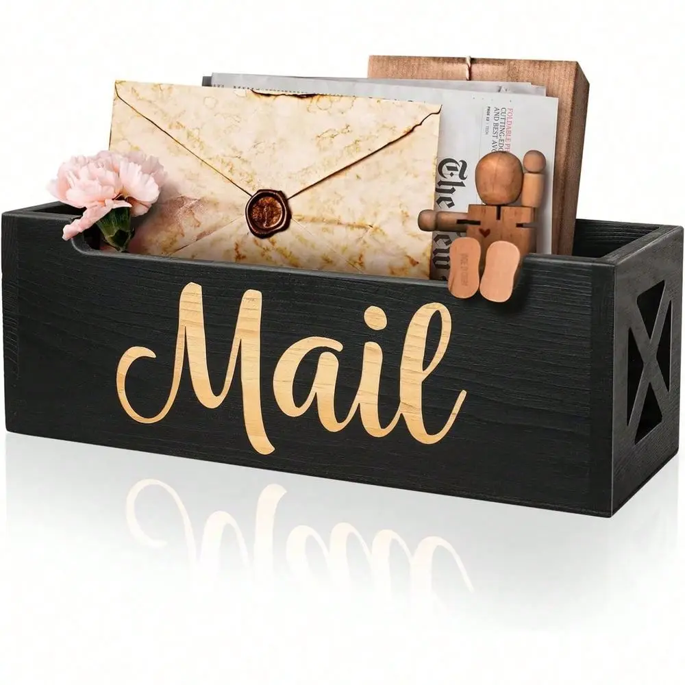 Organizer Mail Holder Countertop, Rustic Wooden Mail Basket Mail Tray Letter Holder Box For Desk Home Office Wall Mount
