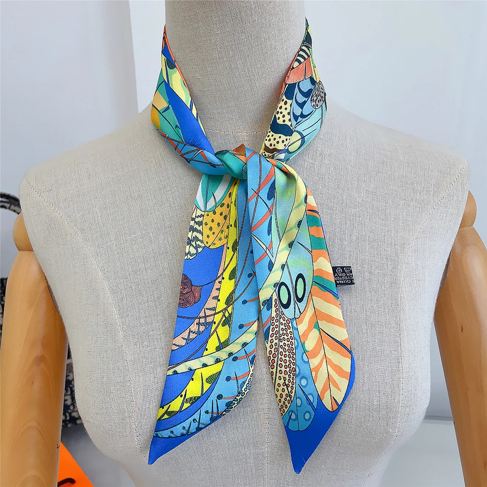 Fashion Skinny Small Silk Scarf Women Luxury Feather Print Headband Women\'s Bags Accessories Long Striped Neck Scarf Shawl