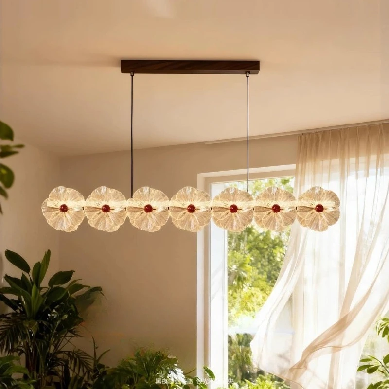 

French Wrought Iron Long Strip LED Pendant Light Petal Glass Hanging Lamp Living Room Restaurant Kitchen Island Hotel Chandelier