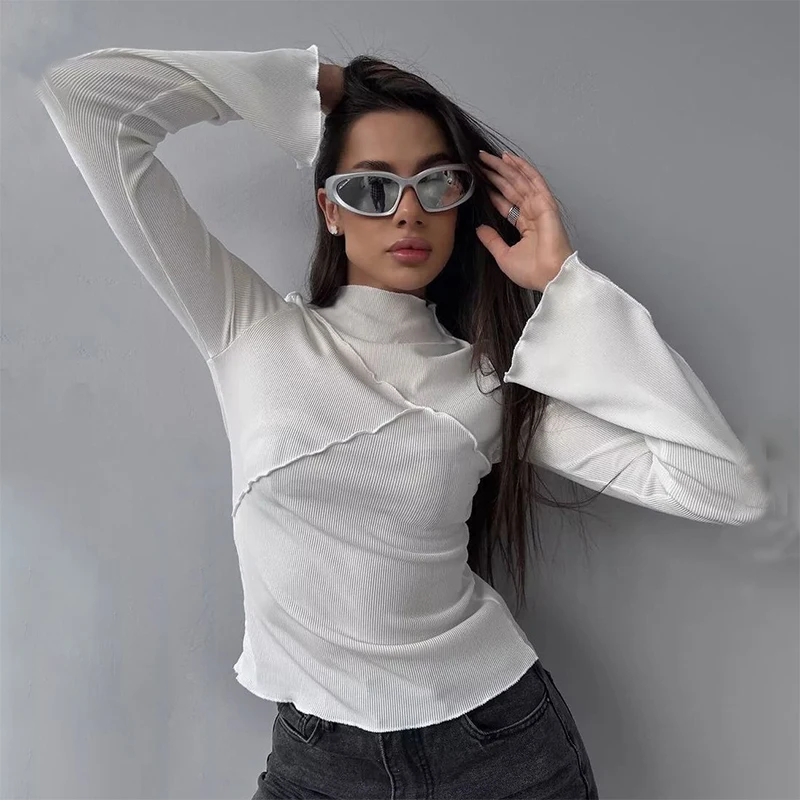 Elastic Turtleneck Women Long Sleeve T-Shirts Patchwork Tight Sexy Slim Crop Top Y2K Harajuku Fashion Goth Trend Cropped T Shirt