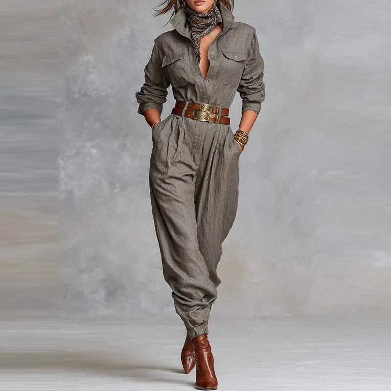 

Элегантный уличный длинный комбинезон с воротником с лацканами, женский модный однотонный комбинезон на пуговицах для вечеринок, повседневный свободный комбинезон-карго с длинными рукавами и карманами