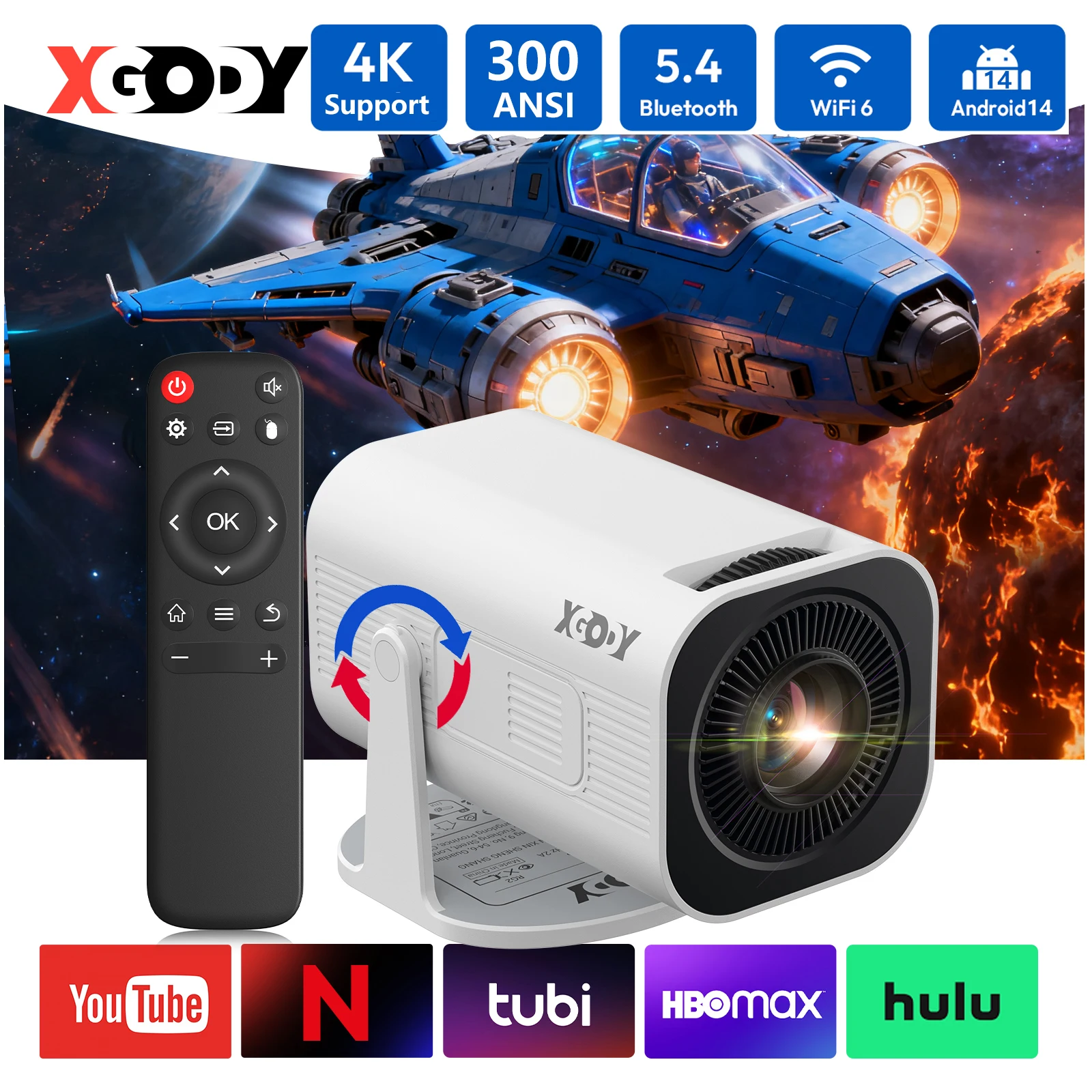 XGODY Gimbal 3 Pro Mini Portable Projector, 300 ANSI, Native 720P, 4K Supported, Android 14, WiFi 6 & BT 5.4, Auto Vertical Keystone Correction, 120 Inch Large Screen Projector for Backyard Travel Movies Gaming, with HDMI USB Ports
