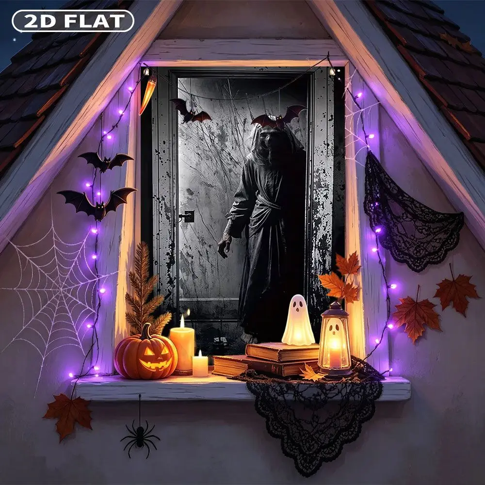 2D FLAT 1pc Party Window Cover Banner, with Hooded Figure Standing In Dirty Doorway, No Power Need Home Decor