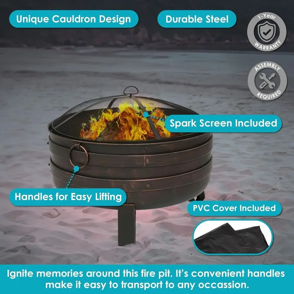 24-Inch Durable Steel Cauldron Fire Pit with Spark Screen and Protective Lid - Brushed Bronze