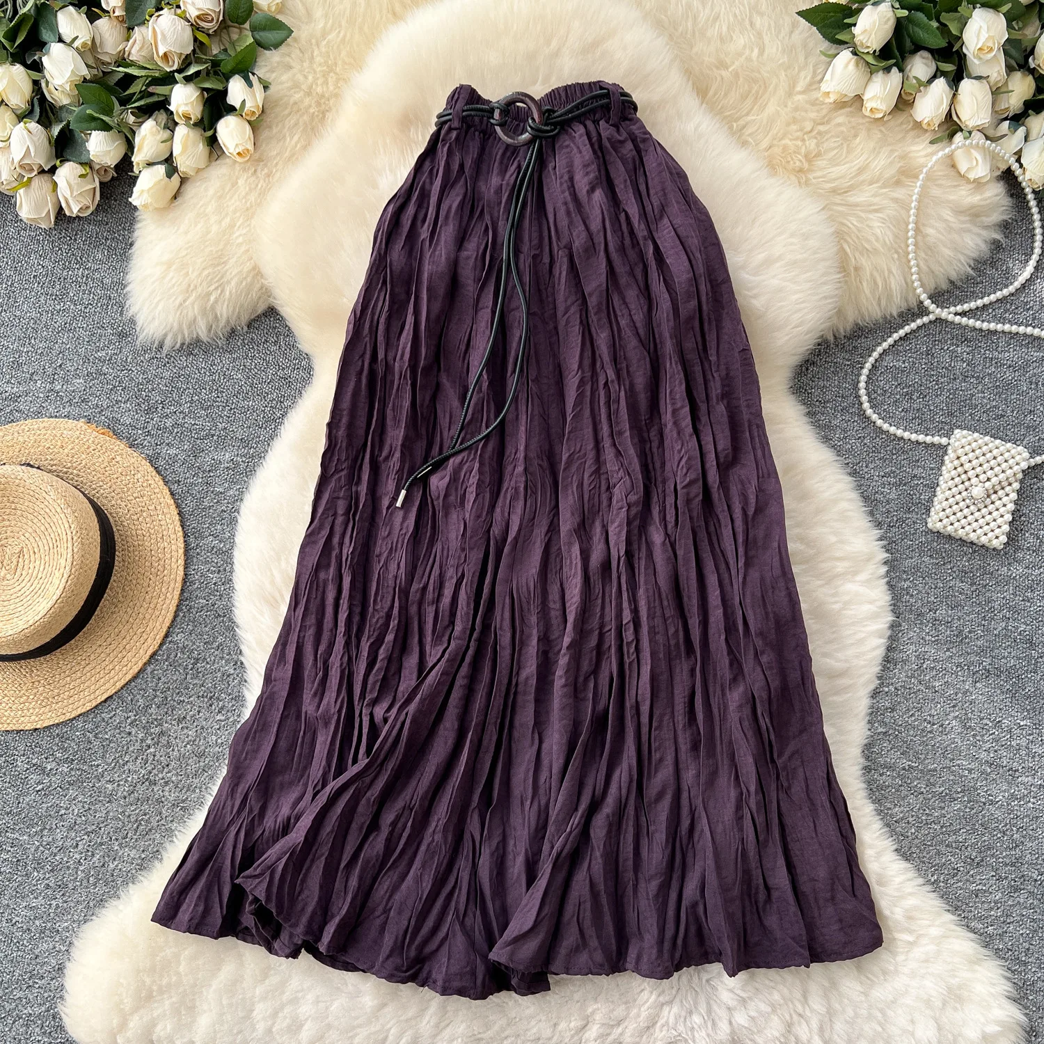 

Women Pleated Skirts A Line Skirt Solid Belt Lace Up Empire waist ankle length Non Strech Loose Office Lady Casual 2025 Autumn