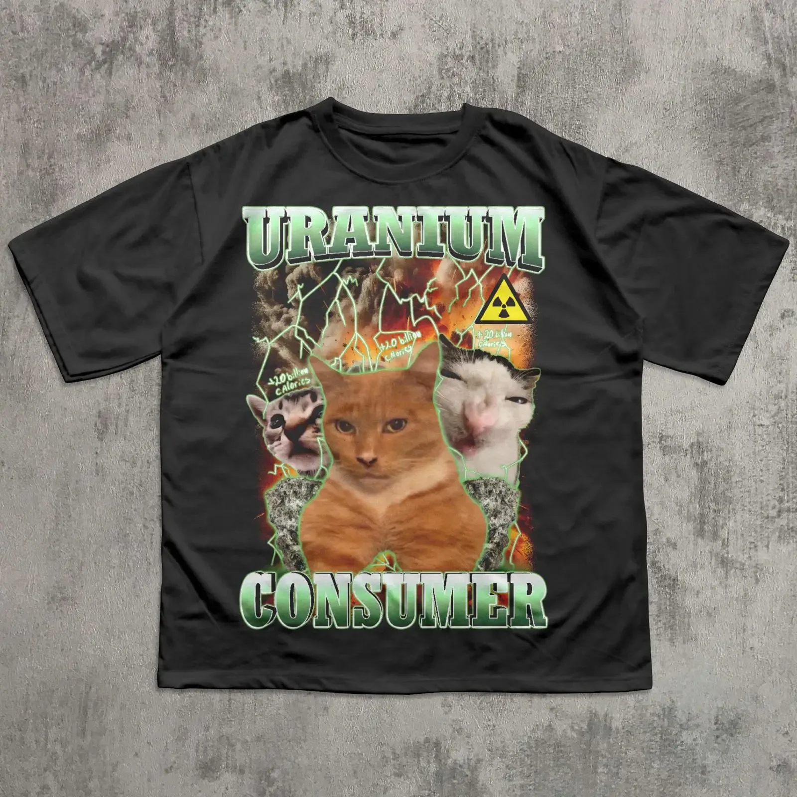 T-shirt humoristique et décontracté pour homme, style streetwear, avec motif chat et meme 'Uranium Consumer', effet délavé vintage