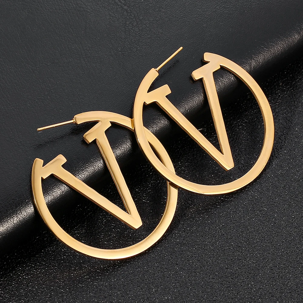 1 Pair Trends V Letter Hoop Earrings for Women Stainless Steel Earrings Punk Round Ear Jewelry Gifts