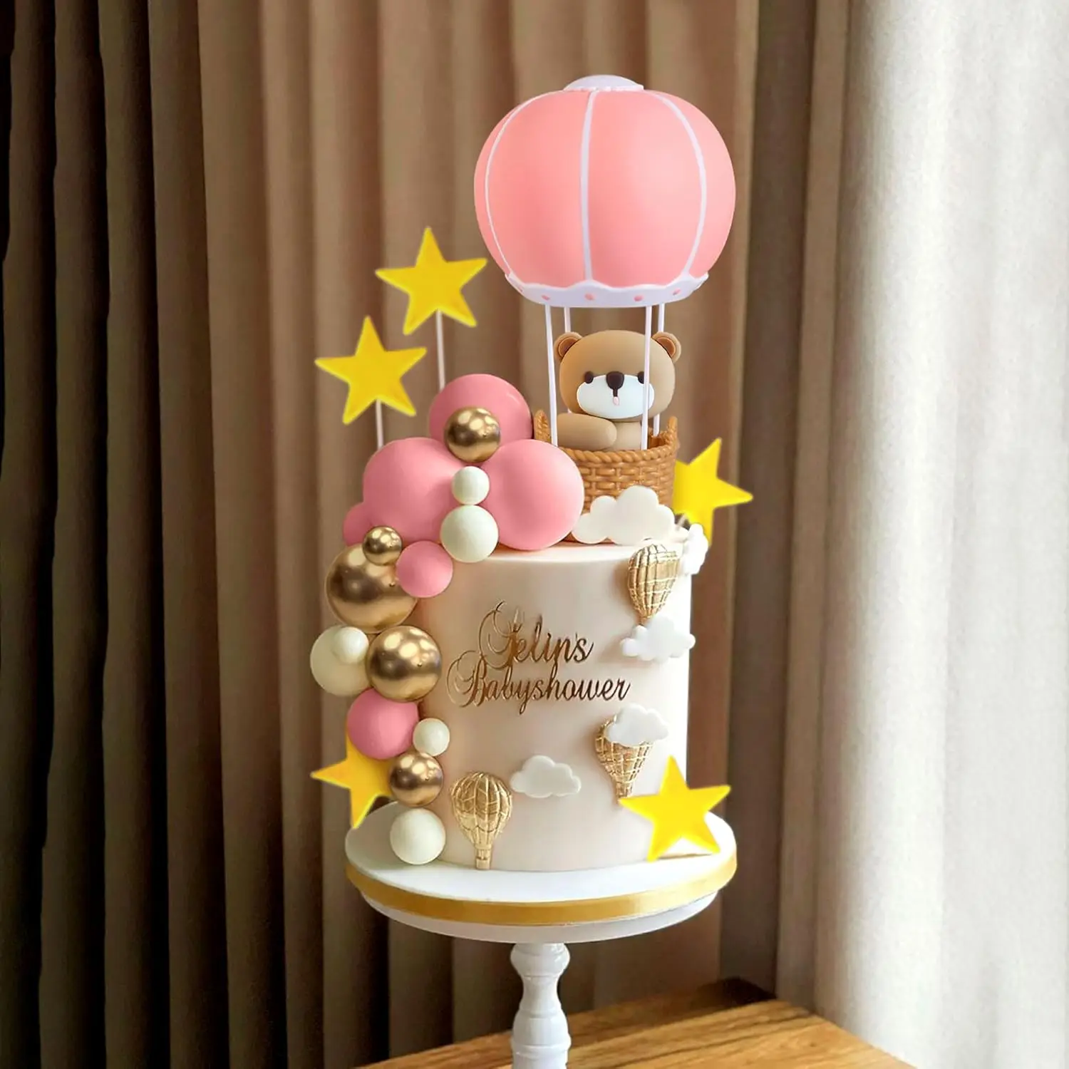 LaVenty Blue Pink Bear Cake Decoration Blue Gold Balls Cake Topper Hot Air Balloons Baby Shower Birthday Cake Decoration - view 5