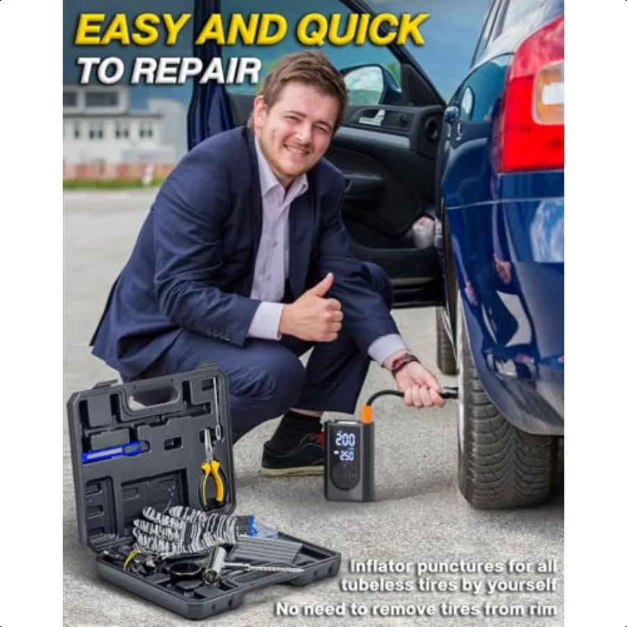 Kit de réparation de pneus avec compresseur d'air Portable, 58 pièces, avec cordl, Iator, 150 PSI, pour voiture, moto, tracteur, camion Ba