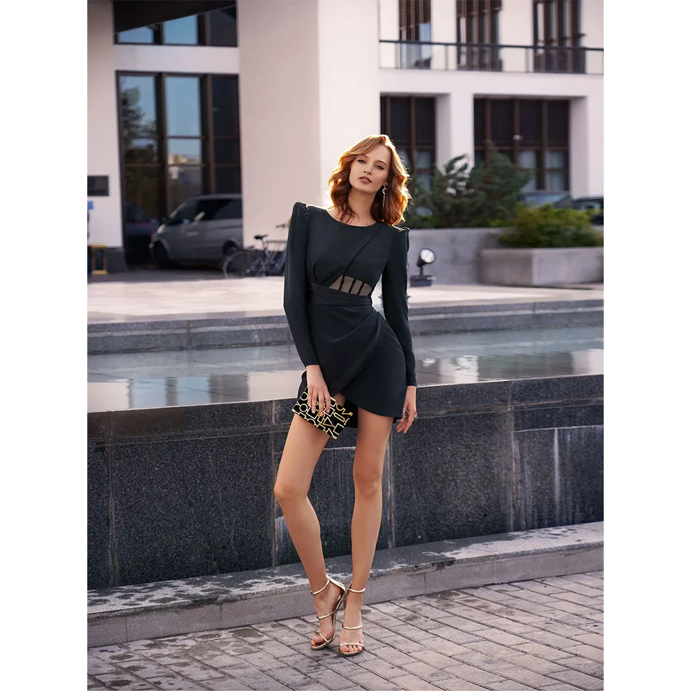 

Black Mermaid Prom Dresses Jewel Neck Long Sleeve Illusion Formal Evening Gowns Sexy Short Party Dress