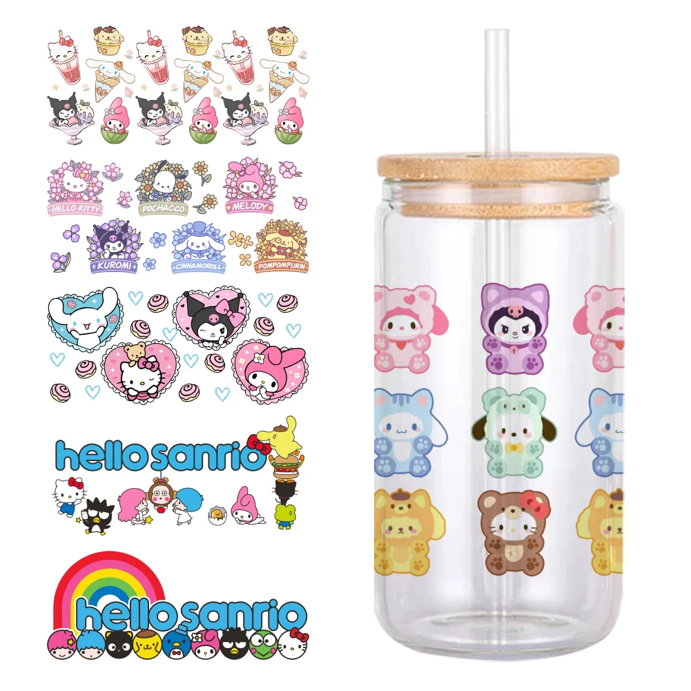 Character Sanrio Friends UV DTF Wraps Sticker DIY For 16oz Glass Cup Phone Waterproof Decals Coffee Cup Sticker