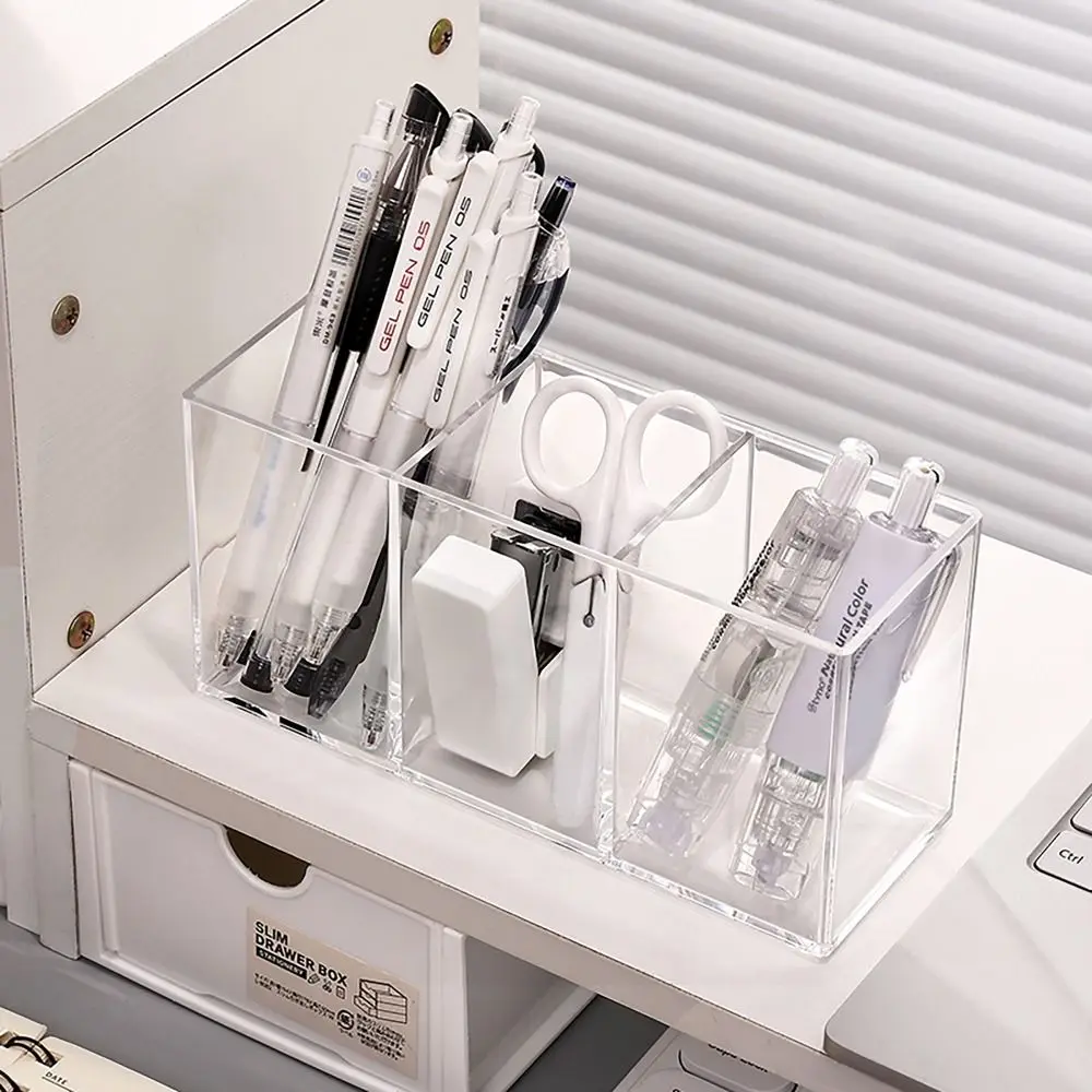 Transparent Stationery Storage Pen Holder Transparent 3 Grids Pen Acrylic Storage Box Large Capacity Pencil Container Students