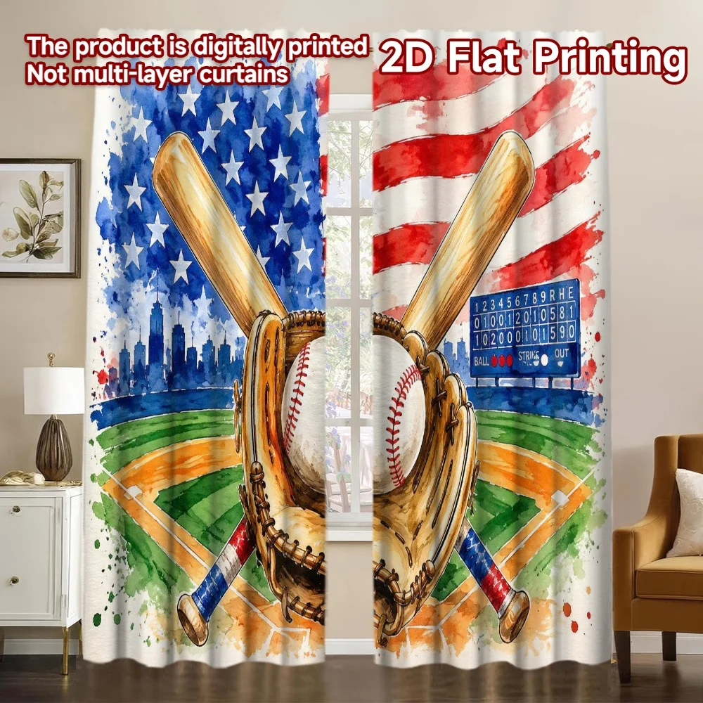 2D FLAT PRINTING 2pcs Curtains (Without Rod) Independence Day Baseball Illustration Chic Curtains&Window Treatment Durable