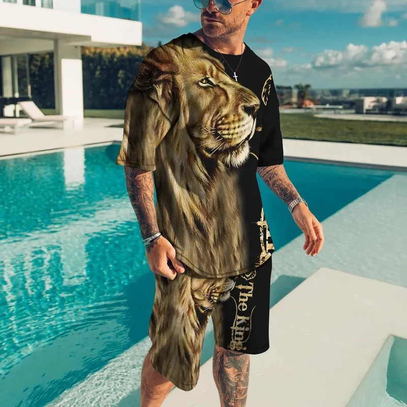 3D Lion Print Men\'s Cool T-shirt Shorts Set For Sports fitness Summer Man Set Street Style Oversized Graphic 2Pcs Unisex Clothes