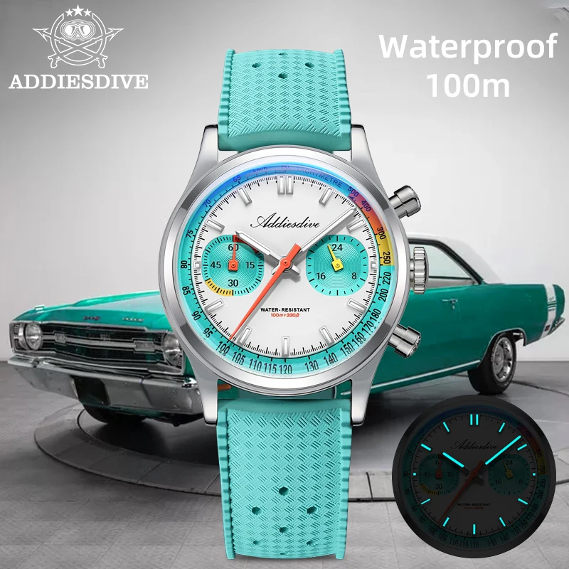 ADDIESDIVE New Men Watch VK64 Chronograph 316L Stainless Steel Dome Glass 100m Waterproof Luminous 38mm Quartz Wristwatch AD2529