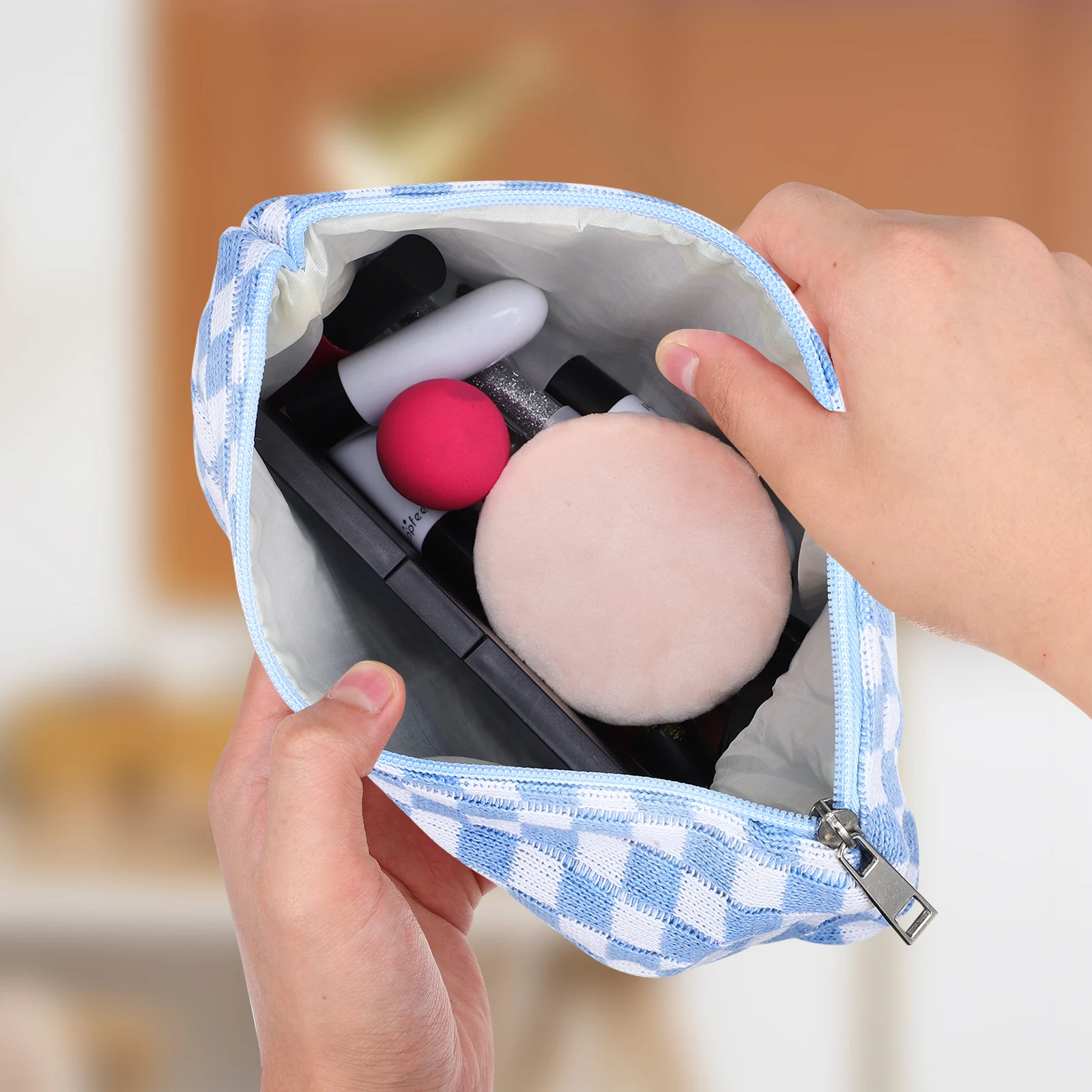 

2 Pcs Makeup Bag Sanitary Napkin Pad Bags Blue and White Grid Toiletry Women for Pads Menstrual Storage Cosmetics Travel