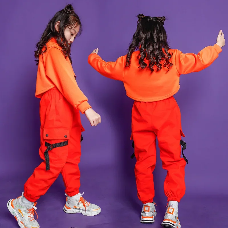 Costume de danse jazz pour enfants, vêtements de rue pour filles, tenues de performance hip hop, sweat-shirt à col haut, haut court, pantalon décontracté, vêtements de course