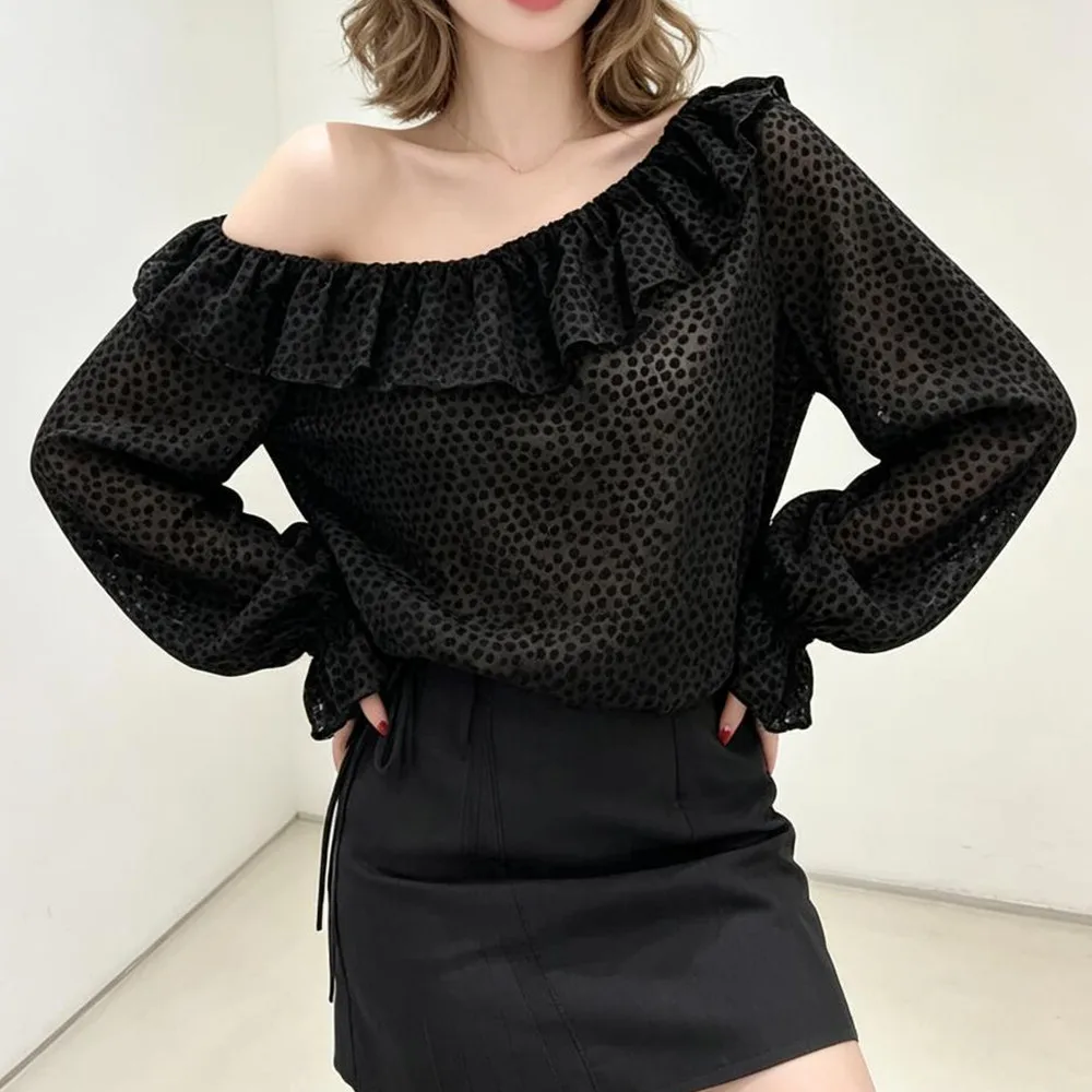 CHIC Autumn Women Black Polka Dot Ruffles Slash One Shoulder Lantern Long Sleeve Shirt Bow Drawstring Hem Pullover Blouses Tops