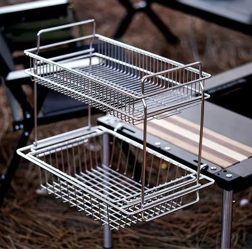 IGT-Camping Drain Basket, Stainless Steel, Double Layer Hanger, Suitable for Camping IGT Desktop Side Expansion Rack