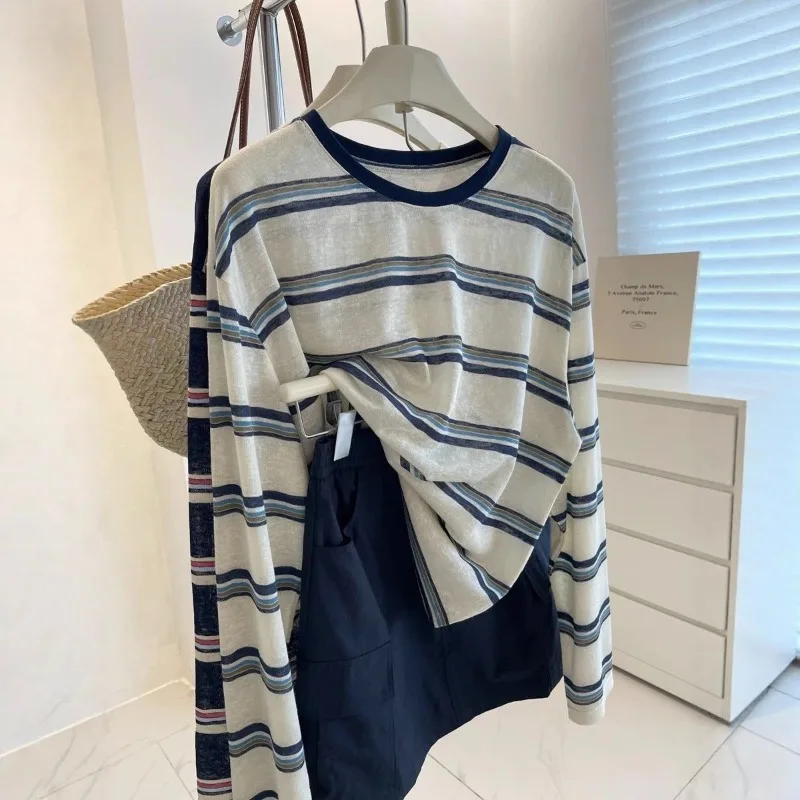 

FL Retro Color Blo Striped Long Sve round Ne T-irt Women's Loose Casual Sun Protection Cover up Design Sense Top New 2025