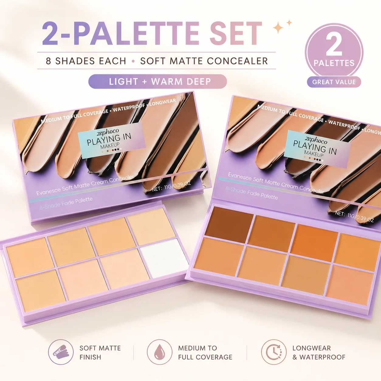 A 16-shade concealer palette featuring a natural brown, soft-matte finish and gradient coverage, ideal for concealing blemishes, acne scars, freckles and under-eye bags