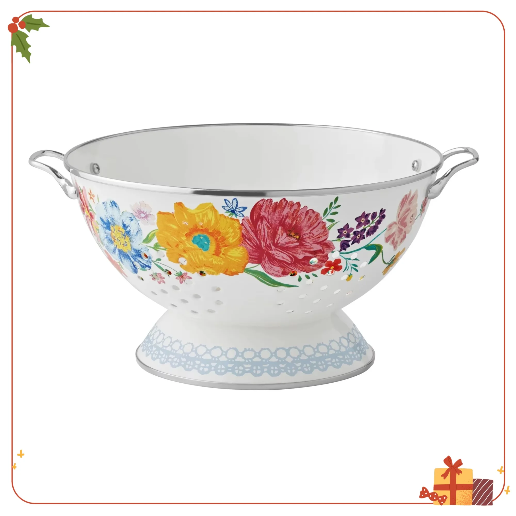 

Brilliant Blooms Enamel Steel 5-Quart Colander, Decorative Strainer for Pasta, Vegetables & Kitchen Sink Use