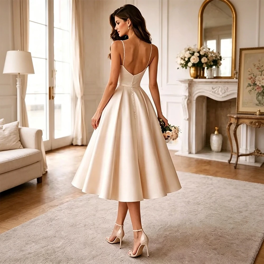 Customized Wedding Dress Midi Beige Satin Bead Spaghetti Strap Wedding Gowns for Women 2026 Bride Tea Length A Line Bridal Gown